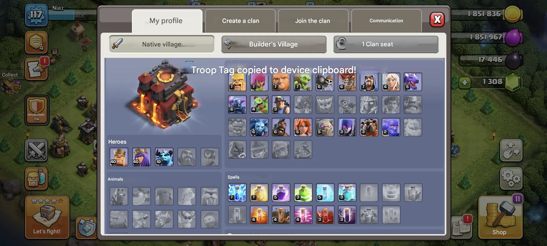COC566 TH13 117 LVL 40/40/10 Heroes 5 Builders 1300 Gems Royal Champion Skin Troops Skins Items Nickname Change 